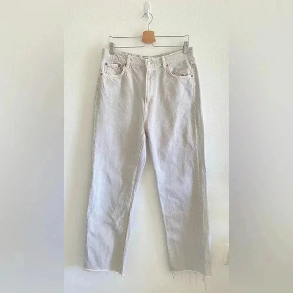 ZARA 90’s High Rise Full-Length Raw Hem Cream Jeans Sz 12 - Picture 3 of 9